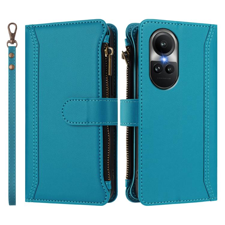 For OPPO Reno10 Global / Reno10 Pro Global Magnetic Closure 9 Card Slots Zipper Leather Case with Hand Strap
