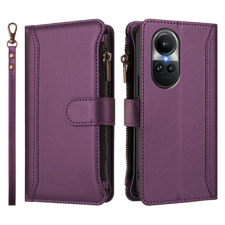 For OPPO Reno10 Global / Reno10 Pro Global Magnetic Closure 9 Card Slots Zipper Leather Case with Hand Strap