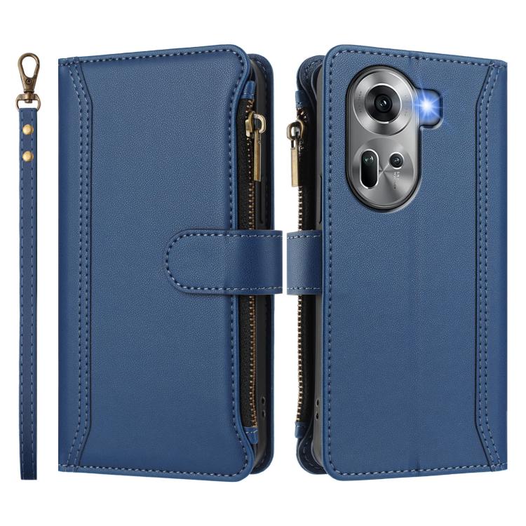 For OPPO Reno11 5G Global Magnetic Closure 9 Card Slots Zipper Leather Case with Hand Strap