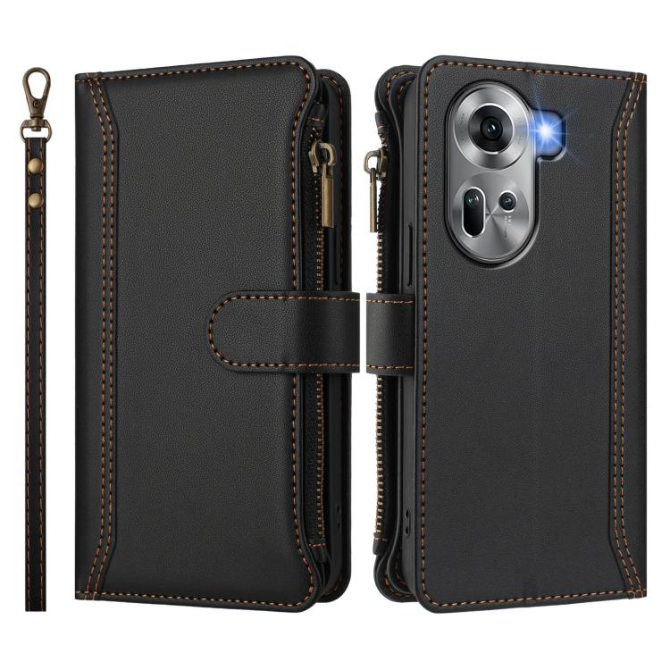 For OPPO Reno11 5G Global Magnetic Closure 9 Card Slots Zipper Leather Case with Hand Strap
