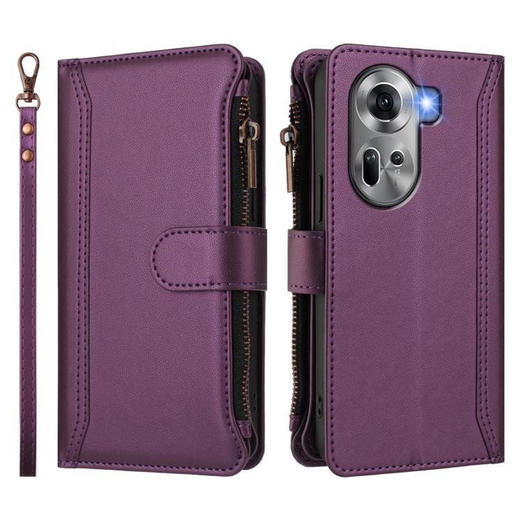 For OPPO Reno11 5G Global Magnetic Closure 9 Card Slots Zipper Leather Case with Hand Strap