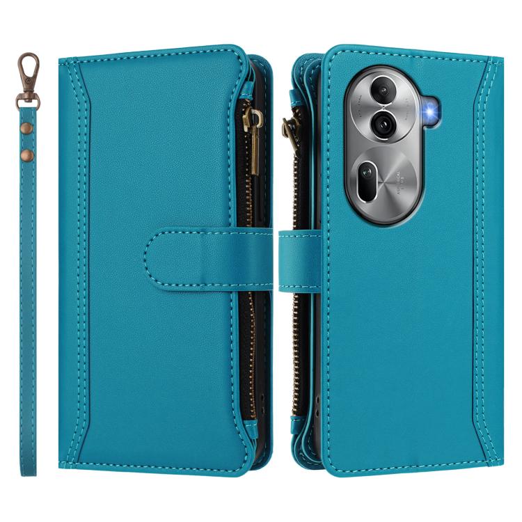 For OPPO Reno11 Pro 5G Global Magnetic Closure 9 Card Slots Zipper Leather Case with Hand Strap