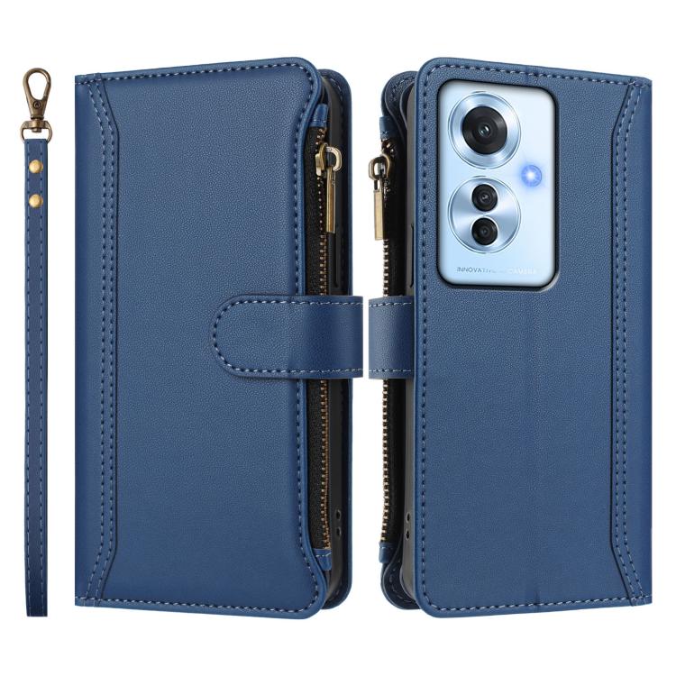 For OPPO Reno11 F 5G Global Magnetic Closure 9 Card Slots Zipper Leather Case with Hand Strap
