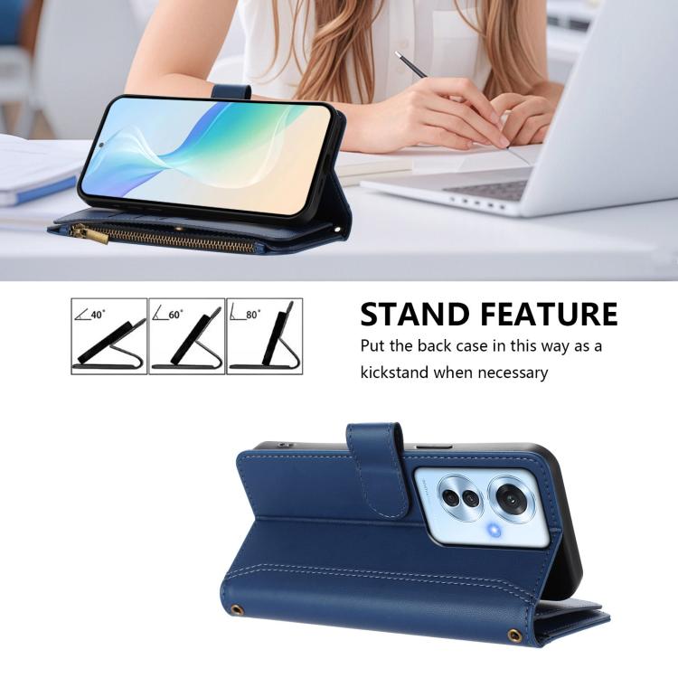 For OPPO Reno11 F 5G Global Magnetic Closure 9 Card Slots Zipper Leather Case with Hand Strap