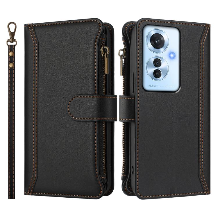 For OPPO Reno11 F 5G Global Magnetic Closure 9 Card Slots Zipper Leather Case with Hand Strap