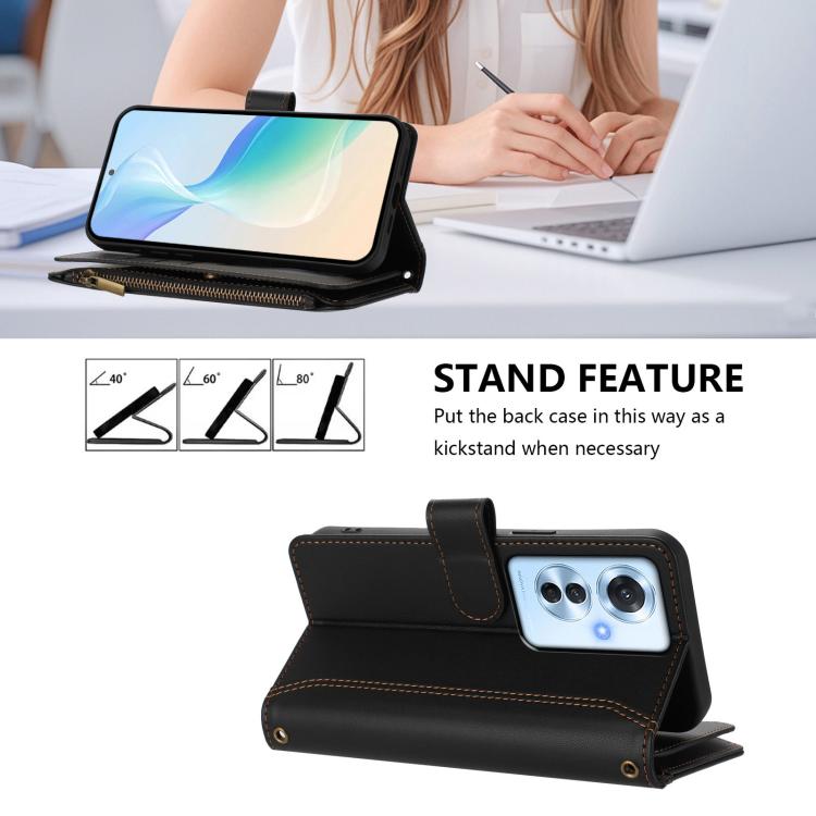For OPPO Reno11 F 5G Global Magnetic Closure 9 Card Slots Zipper Leather Case with Hand Strap