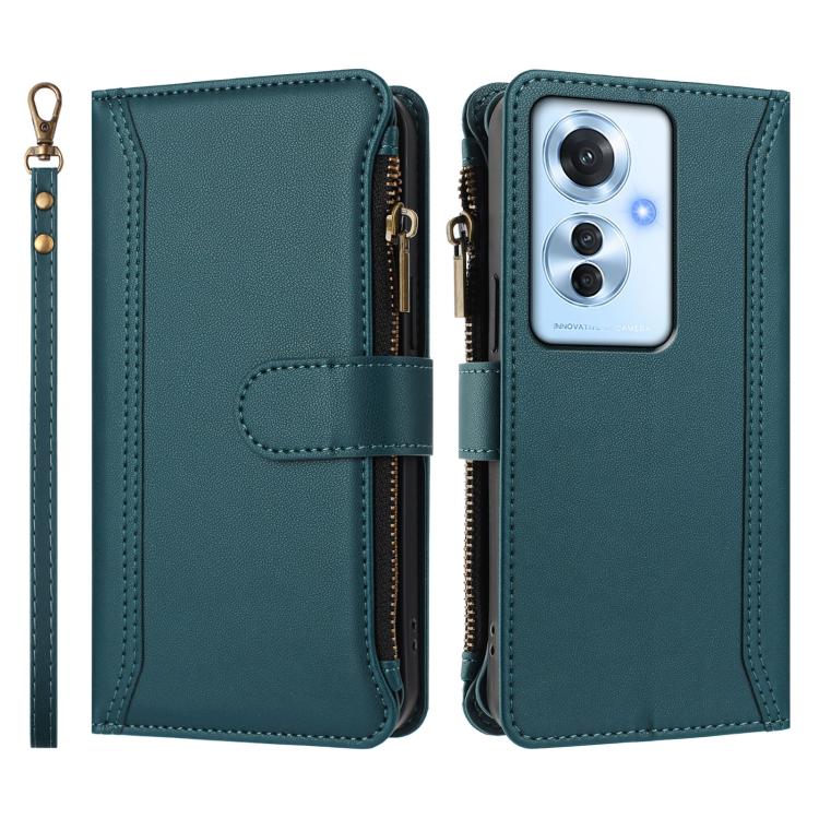 For OPPO Reno11 F 5G Global Magnetic Closure 9 Card Slots Zipper Leather Case with Hand Strap