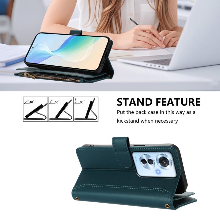 For OPPO Reno11 F 5G Global Magnetic Closure 9 Card Slots Zipper Leather Case with Hand Strap