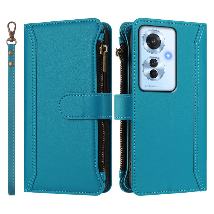 For OPPO Reno11 F 5G Global Magnetic Closure 9 Card Slots Zipper Leather Case with Hand Strap