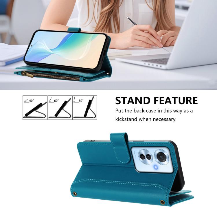 For OPPO Reno11 F 5G Global Magnetic Closure 9 Card Slots Zipper Leather Case with Hand Strap