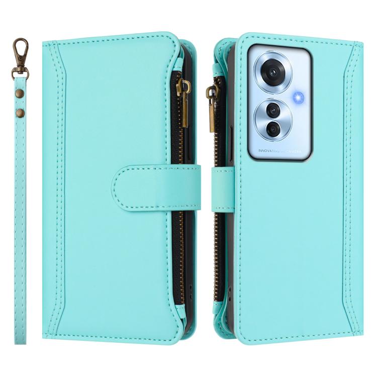 For OPPO Reno11 F 5G Global Magnetic Closure 9 Card Slots Zipper Leather Case with Hand Strap