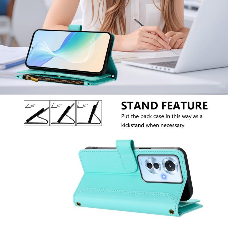 For OPPO Reno11 F 5G Global Magnetic Closure 9 Card Slots Zipper Leather Case with Hand Strap