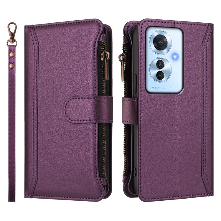 For OPPO Reno11 F 5G Global Magnetic Closure 9 Card Slots Zipper Leather Case with Hand Strap