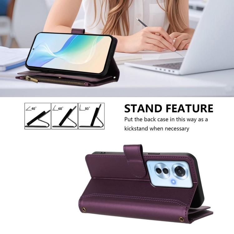For OPPO Reno11 F 5G Global Magnetic Closure 9 Card Slots Zipper Leather Case with Hand Strap