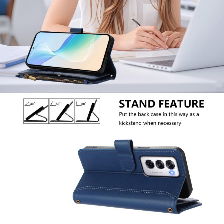 For OPPO Reno12 5G Global Magnetic Closure 9 Card Slots Zipper Leather Case with Hand Strap