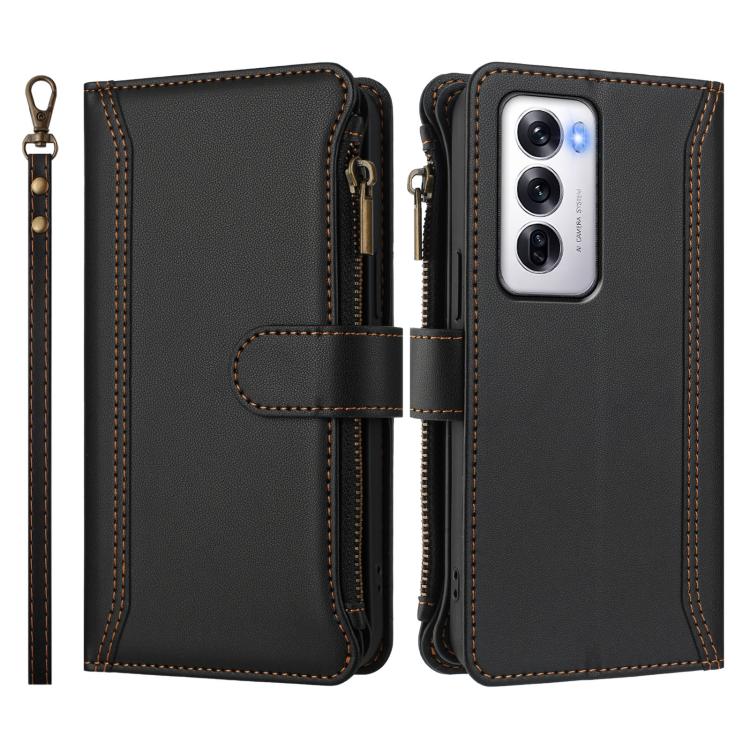 For OPPO Reno12 5G Global Magnetic Closure 9 Card Slots Zipper Leather Case with Hand Strap