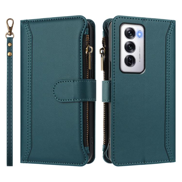 For OPPO Reno12 5G Global Magnetic Closure 9 Card Slots Zipper Leather Case with Hand Strap