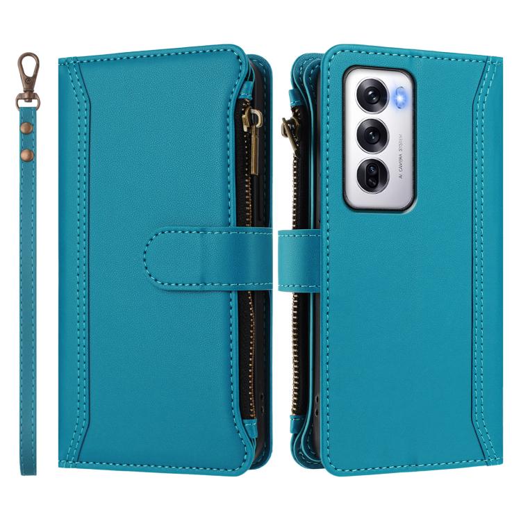 For OPPO Reno12 5G Global Magnetic Closure 9 Card Slots Zipper Leather Case with Hand Strap