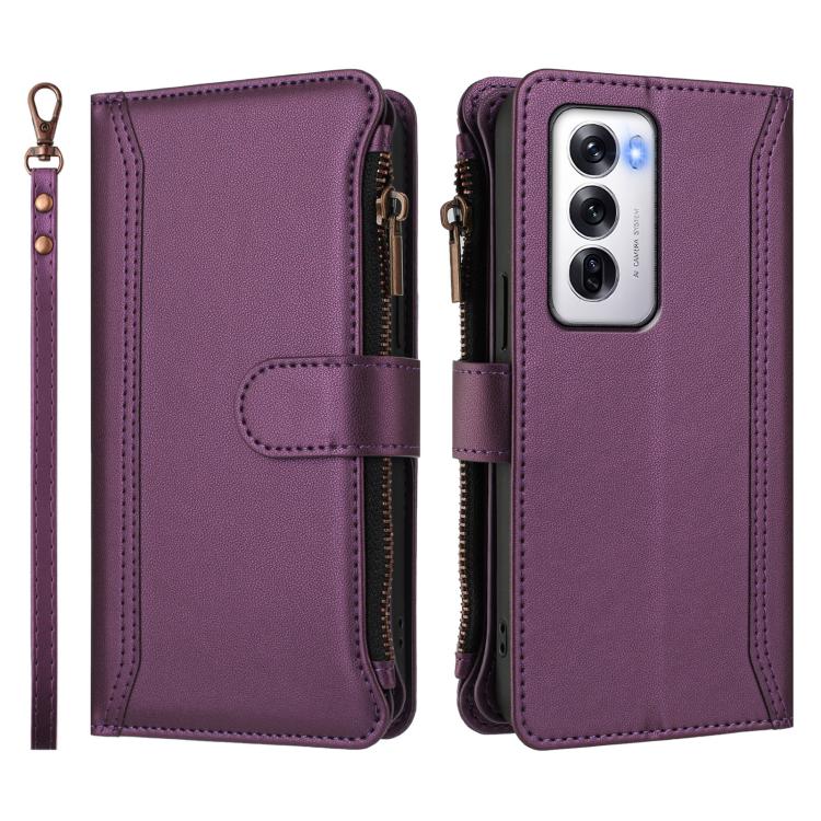 For OPPO Reno12 5G Global Magnetic Closure 9 Card Slots Zipper Leather Case with Hand Strap