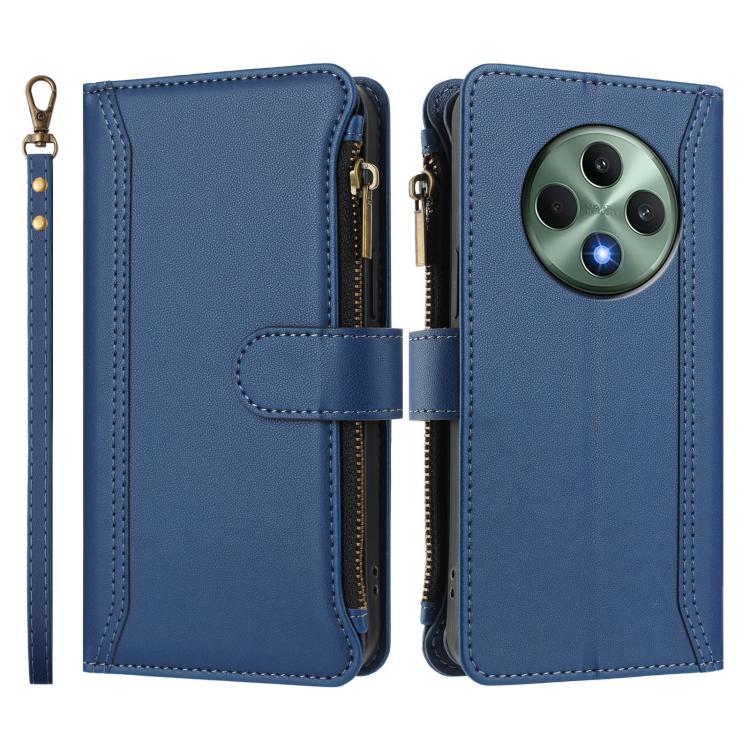 For OPPO Reno12 F 5G Global Magnetic Closure 9 Card Slots Zipper Leather Case with Hand Strap
