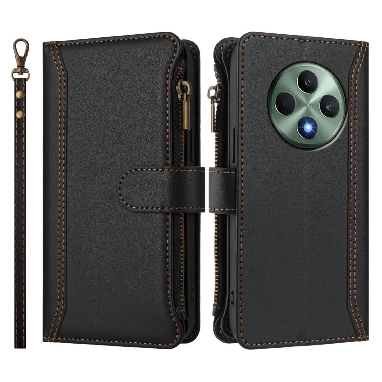 For OPPO Reno12 F 5G Global Magnetic Closure 9 Card Slots Zipper Leather Case with Hand Strap
