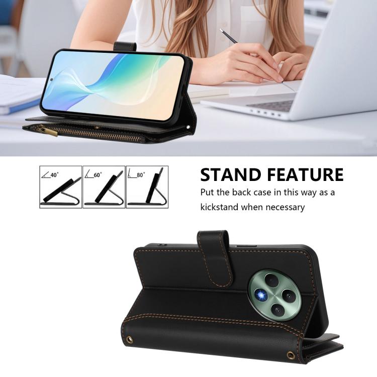 For OPPO Reno12 F 5G Global Magnetic Closure 9 Card Slots Zipper Leather Case with Hand Strap