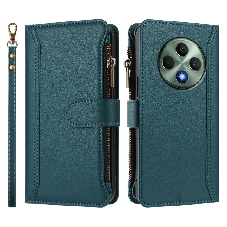For OPPO Reno12 F 5G Global Magnetic Closure 9 Card Slots Zipper Leather Case with Hand Strap