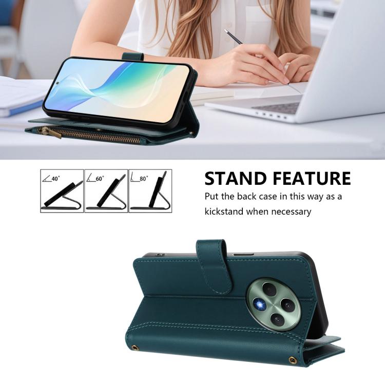 For OPPO Reno12 F 5G Global Magnetic Closure 9 Card Slots Zipper Leather Case with Hand Strap