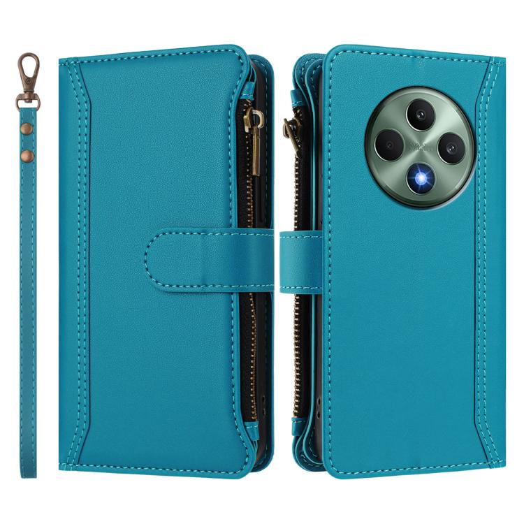 For OPPO Reno12 F 5G Global Magnetic Closure 9 Card Slots Zipper Leather Case with Hand Strap