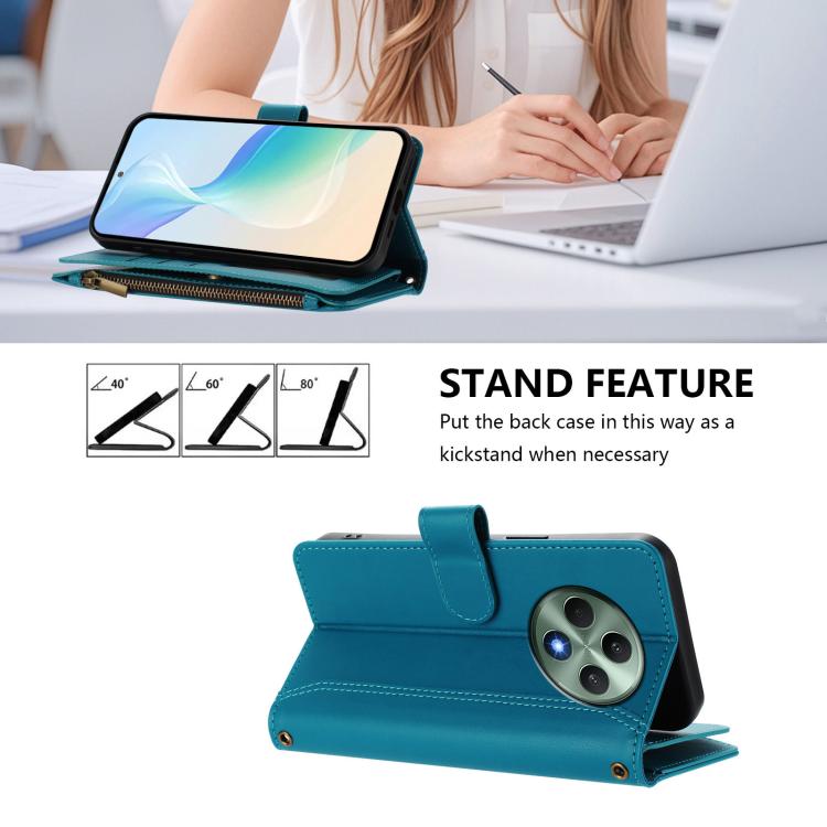 For OPPO Reno12 F 5G Global Magnetic Closure 9 Card Slots Zipper Leather Case with Hand Strap