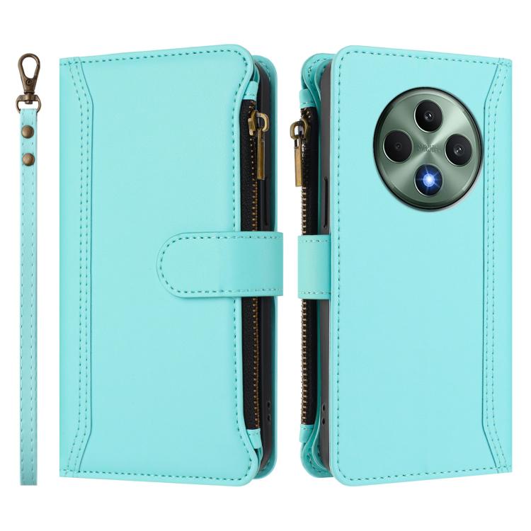 For OPPO Reno12 F 5G Global Magnetic Closure 9 Card Slots Zipper Leather Case with Hand Strap