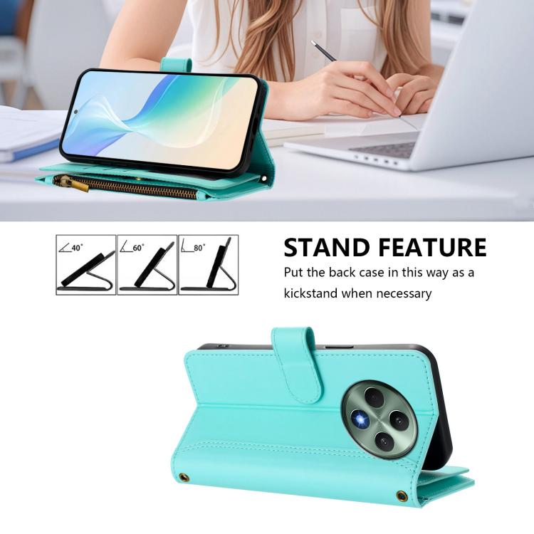 For OPPO Reno12 F 5G Global Magnetic Closure 9 Card Slots Zipper Leather Case with Hand Strap