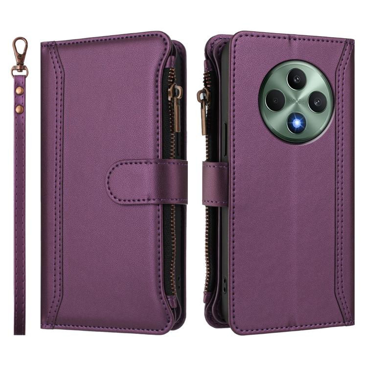 For OPPO Reno12 F 5G Global Magnetic Closure 9 Card Slots Zipper Leather Case with Hand Strap