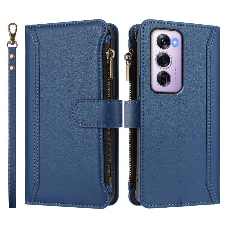 For OPPO Reno12 Pro 5G Global Magnetic Closure 9 Card Slots Zipper Leather Case with Hand Strap