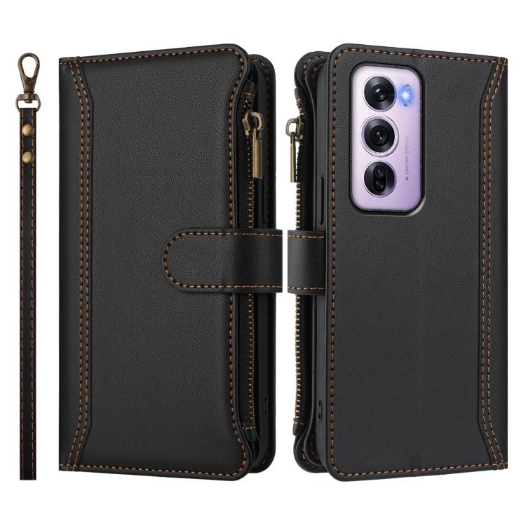For OPPO Reno12 Pro 5G Global Magnetic Closure 9 Card Slots Zipper Leather Case with Hand Strap