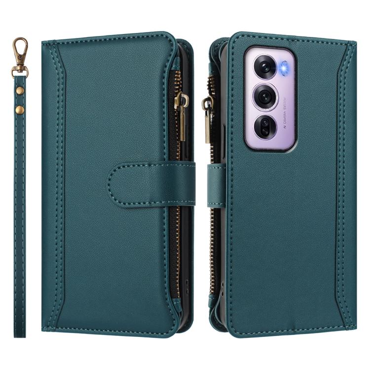For OPPO Reno12 Pro 5G Global Magnetic Closure 9 Card Slots Zipper Leather Case with Hand Strap