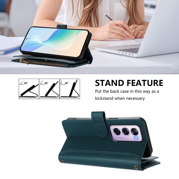 For OPPO Reno12 Pro 5G Global Magnetic Closure 9 Card Slots Zipper Leather Case with Hand Strap