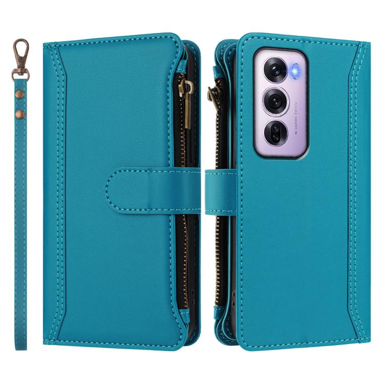 For OPPO Reno12 Pro 5G Global Magnetic Closure 9 Card Slots Zipper Leather Case with Hand Strap