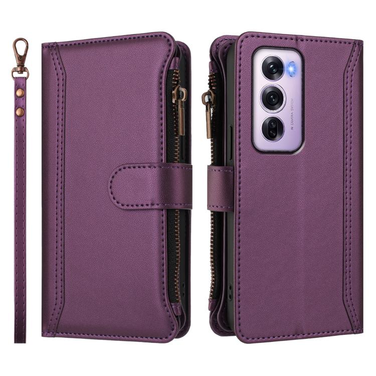 For OPPO Reno12 Pro 5G Global Magnetic Closure 9 Card Slots Zipper Leather Case with Hand Strap