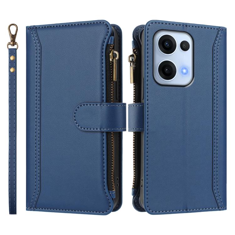 For OPPO Reno13 5G Global Magnetic Closure 9 Card Slots Zipper Leather Case with Hand Strap