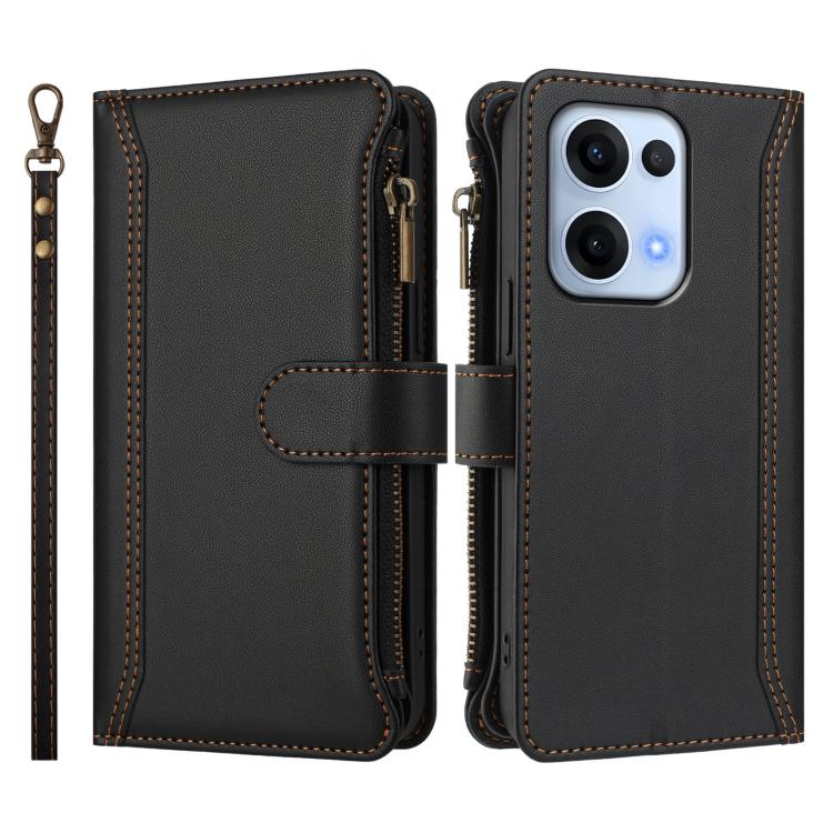 For OPPO Reno13 5G Global Magnetic Closure 9 Card Slots Zipper Leather Case with Hand Strap