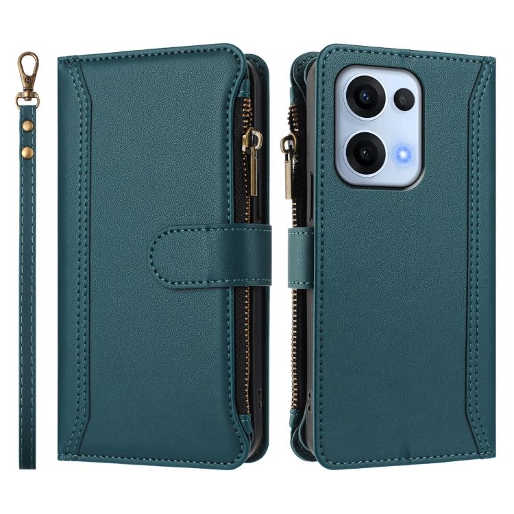 For OPPO Reno13 5G Global Magnetic Closure 9 Card Slots Zipper Leather Case with Hand Strap