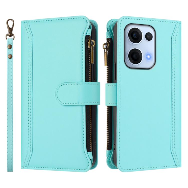 For OPPO Reno13 5G Global Magnetic Closure 9 Card Slots Zipper Leather Case with Hand Strap