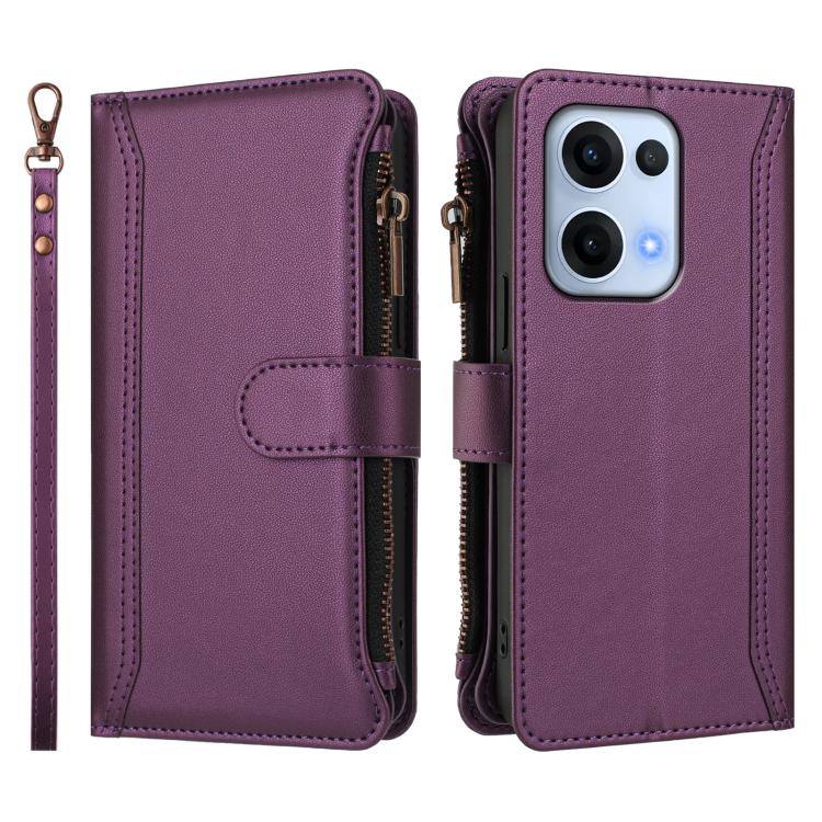 For OPPO Reno13 5G Global Magnetic Closure 9 Card Slots Zipper Leather Case with Hand Strap