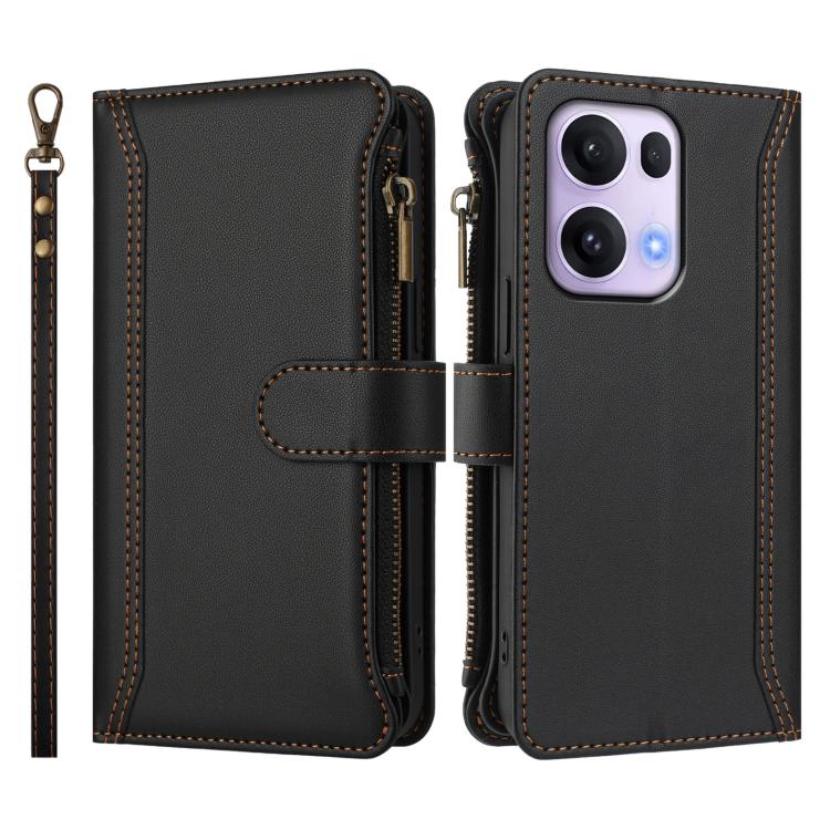 For OPPO Reno13 Pro 5G Global Magnetic Closure 9 Card Slots Zipper Leather Case with Hand Strap
