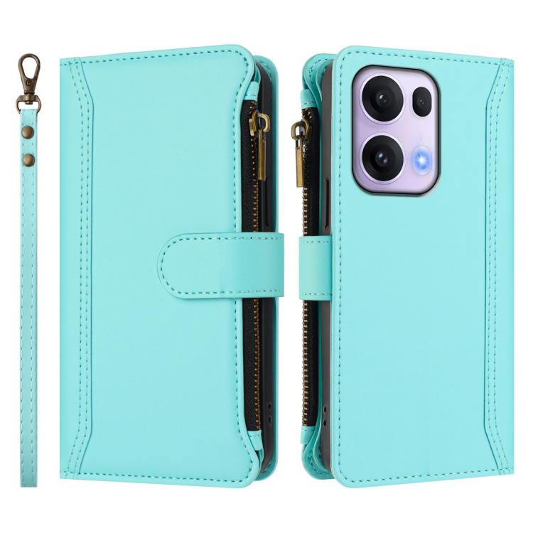For OPPO Reno13 Pro 5G Global Magnetic Closure 9 Card Slots Zipper Leather Case with Hand Strap