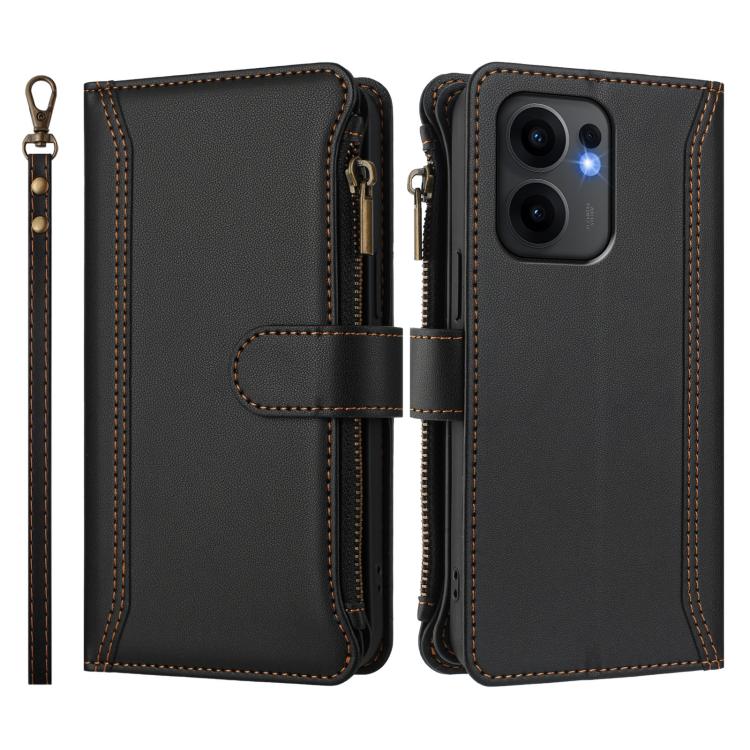 For OPPO Reno13 F 5G Global Magnetic Closure 9 Card Slots Zipper Leather Case with Hand Strap