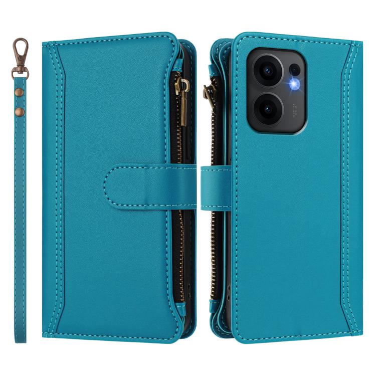 For OPPO Reno13 F 5G Global Magnetic Closure 9 Card Slots Zipper Leather Case with Hand Strap