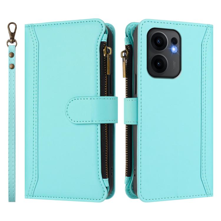 For OPPO Reno13 F 5G Global Magnetic Closure 9 Card Slots Zipper Leather Case with Hand Strap