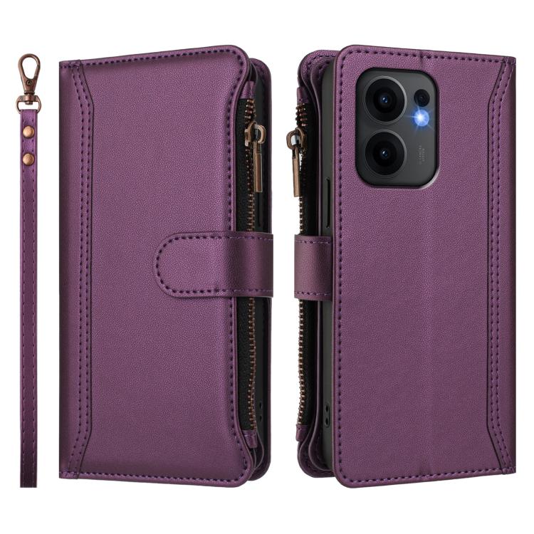 For OPPO Reno13 F 5G Global Magnetic Closure 9 Card Slots Zipper Leather Case with Hand Strap
